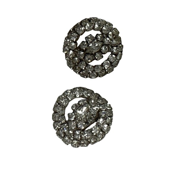 Vintage Clear Rhinestone Clip-On Earrings Round Silver Tone Bridal Jewelry - Picture 1 of 8